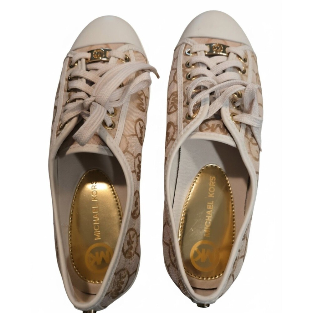 Michael Kors Womens Sz 7.5 Beige MK Monogram Sneakers Old Money